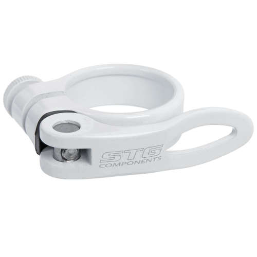 Хомут подсидельный STG 34,9мм с логотипом STG, белый