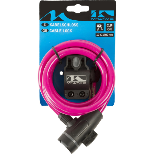 Замок M-Wave тросовый, 10х1800мм, ключ, с защитным колпачком, розовый, 5-233868